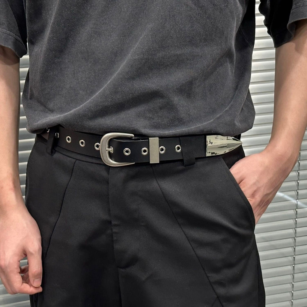 Dagger Tip Leather Belt Silver Metal Tip Full Grain Cowhide Unisex