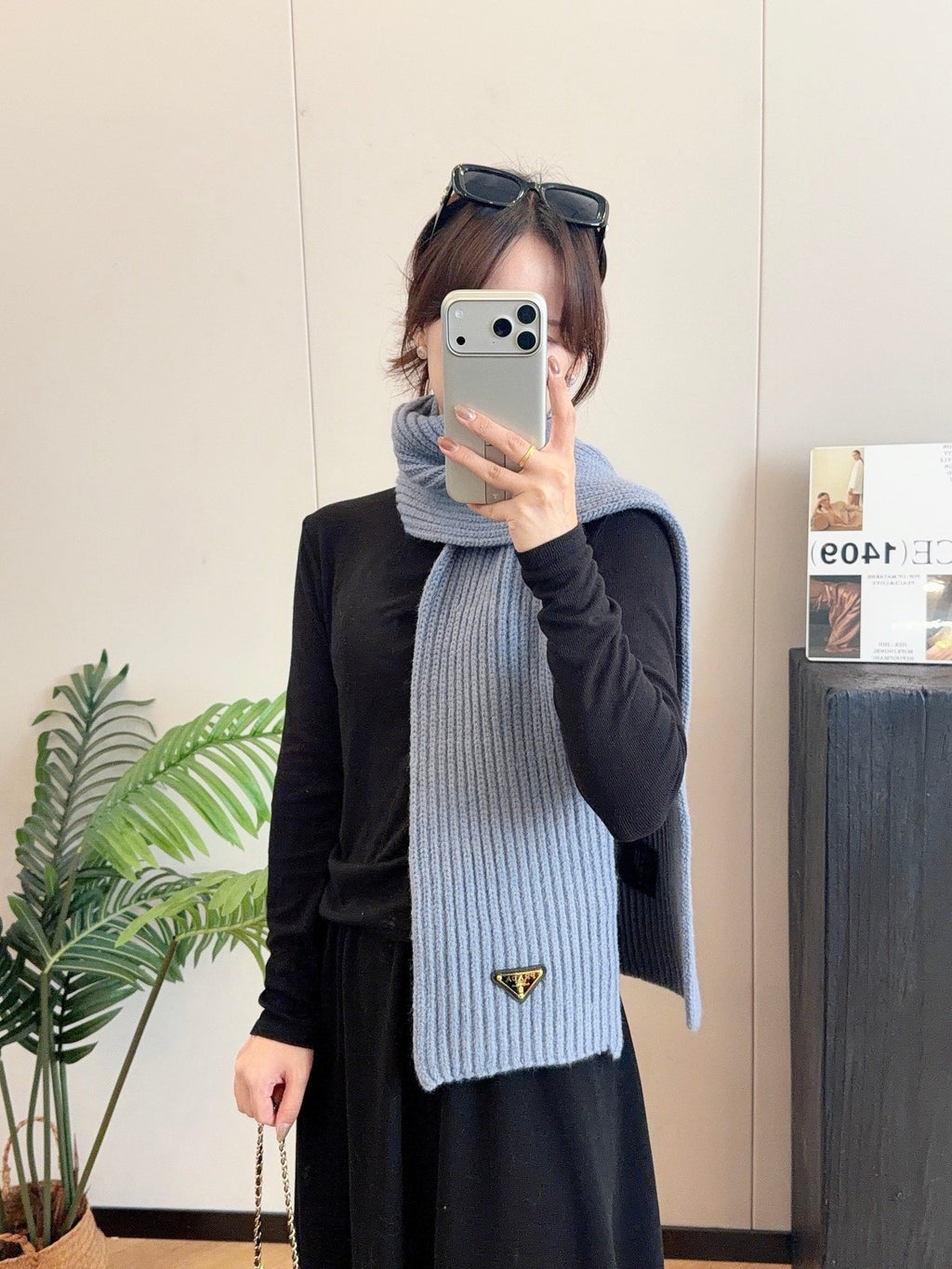 Prada Style Rib-Knit Logo Scarf