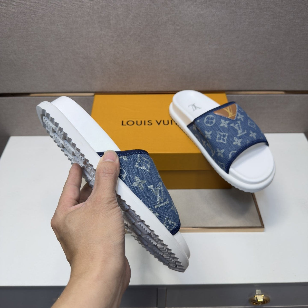 Louis Vuitton Navy Patterned Slide Sandals
